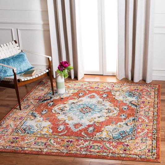 SAFAVIEH Monaco Collection Area Rug - 3' Square, Orange & Light Blue, Boho Chic Medallion Distressed Design, Non-Shedding & Easy Care, Ideal for High Traffic Areas in Living Room, Bedroom (MNC243H)