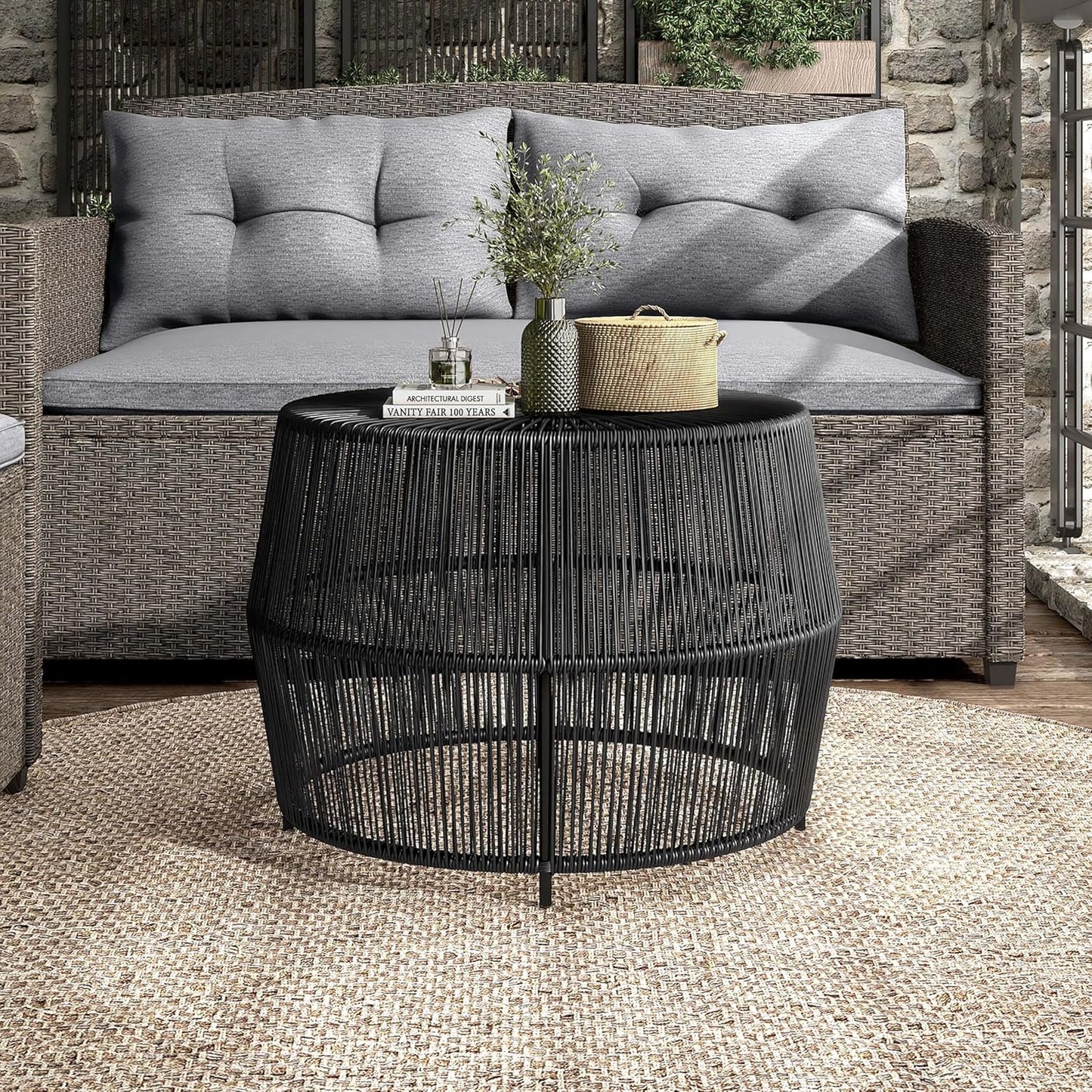 Muse & Lounge Co. Ysar Boho Rattan Round Coffee Table Outdoor with Metal Frame, All-Weather and Rust Resistant, Handcrafted Coastal Furniture for Patio, Poolside, Garden, Yard, Black