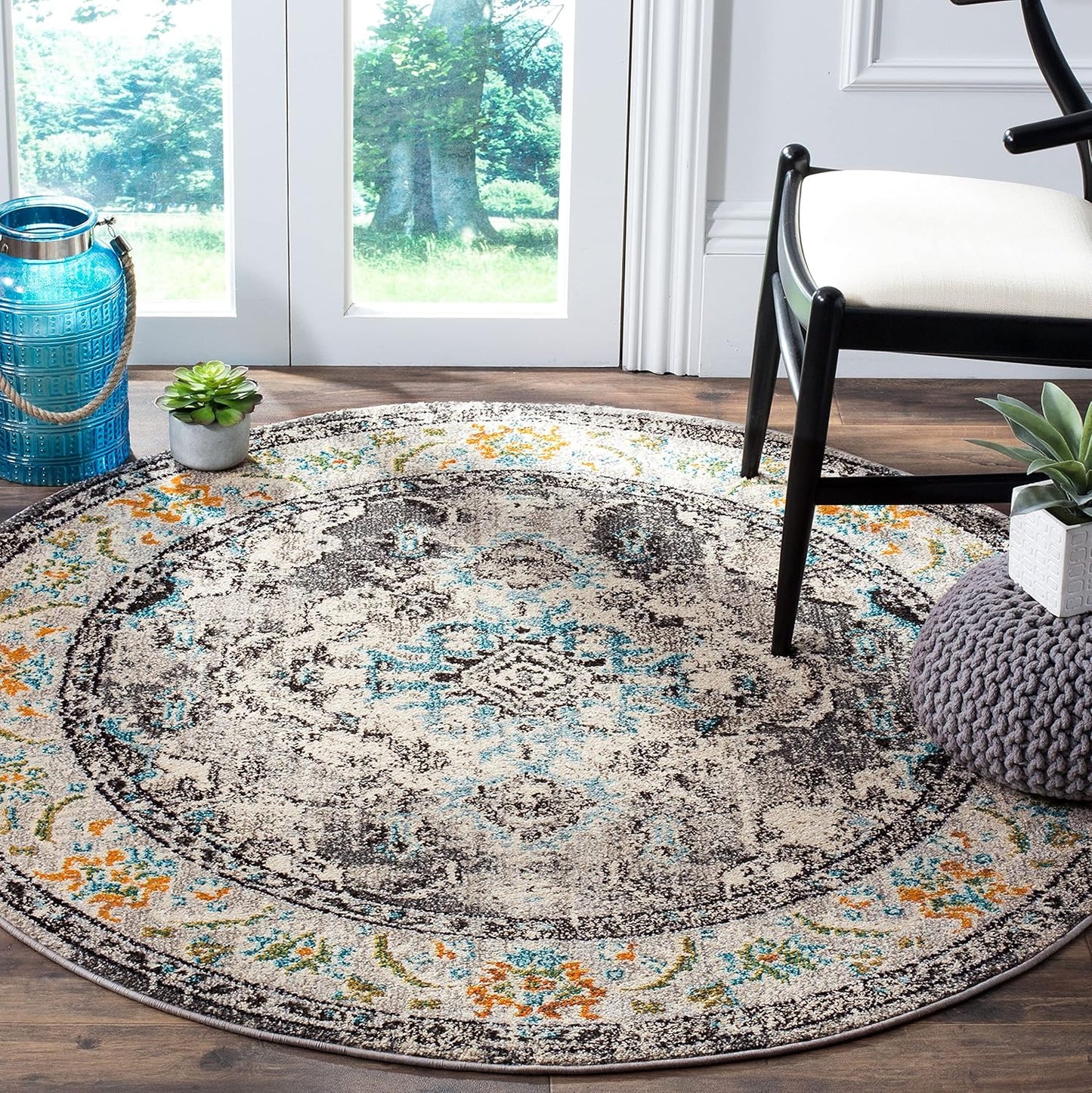 SAFAVIEH Monaco Collection Area Rug - 3' Round, Grey & Light Blue, Boho Chic Medallion Distressed Design, Non-Shedding & Easy Care, Ideal for High Traffic Areas in Living Room, Bedroom (MNC243G)