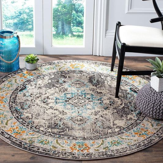 SAFAVIEH Monaco Collection Area Rug - 3' Round, Grey & Light Blue, Boho Chic Medallion Distressed Design, Non-Shedding & Easy Care, Ideal for High Traffic Areas in Living Room, Bedroom (MNC243G)
