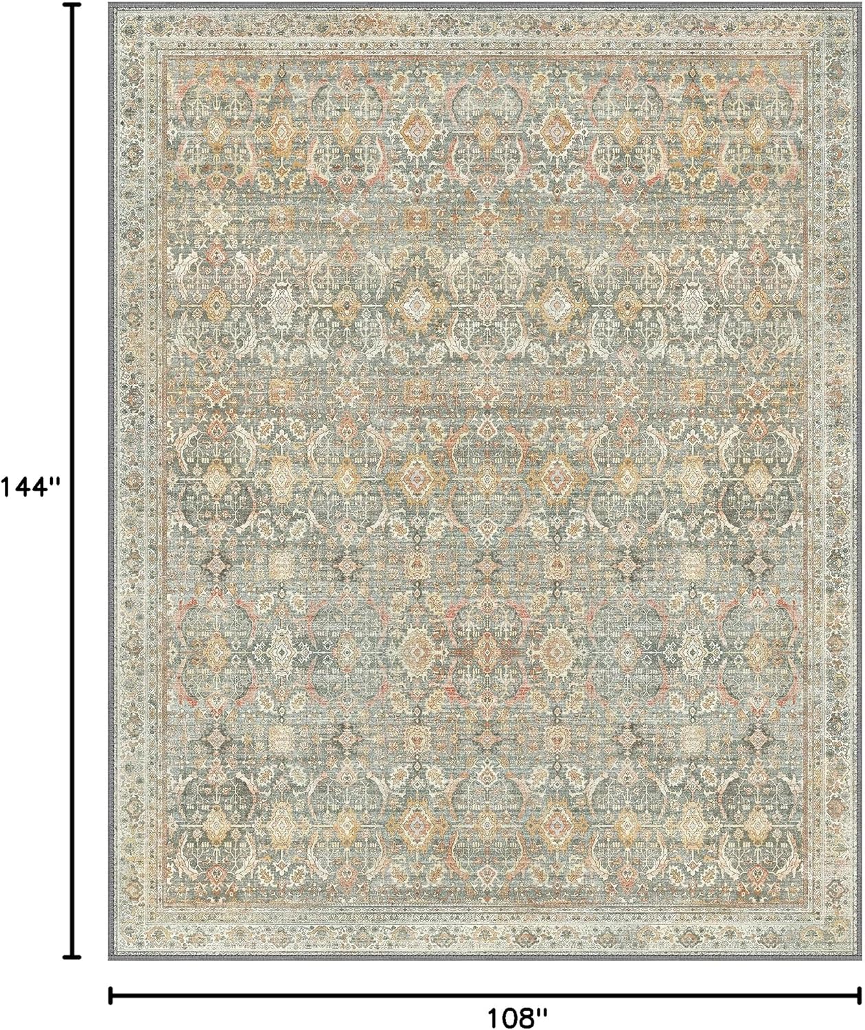 9X12 Area Rugs Machine Washable Rugs for Living Room, Vintage Boho Large Rugs for Bedroom Dining Room, Non Slip Indoor Soft Distressed Lightweight Thin Low Pile Carpet, Turmeric