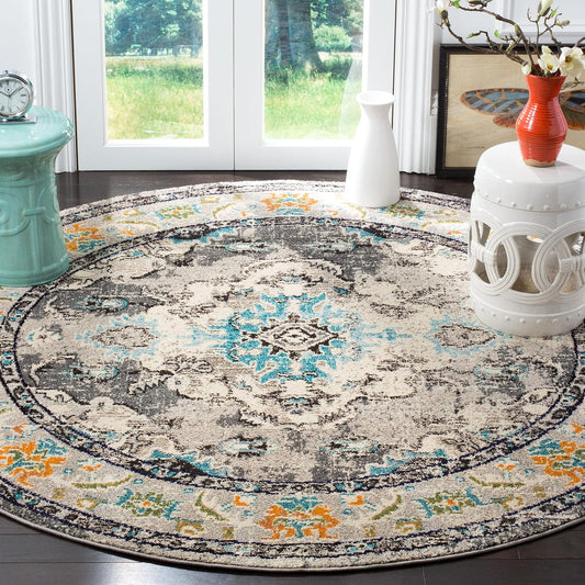 SAFAVIEH Monaco Collection Area Rug - 8'8" Round, Grey & Light Blue, Boho Chic Medallion Distressed Design, Non-Shedding & Easy Care, Ideal for High Traffic Areas in Living Room, Bedroom (MNC243G)