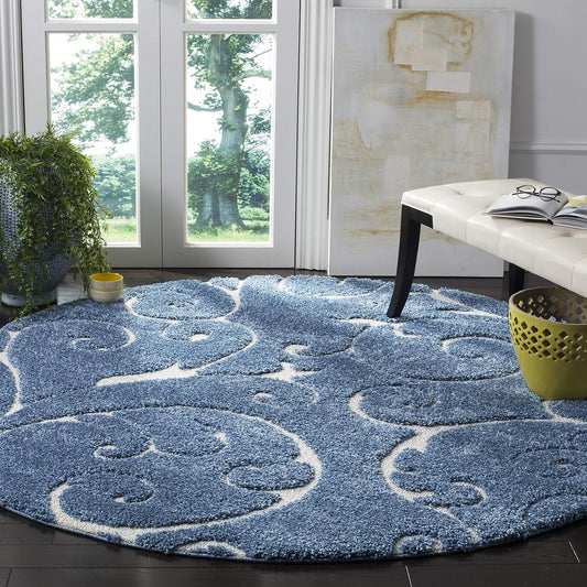 SAFAVIEH Florida Shag Collection 5' Round Light Blue/Cream SG455 Scrolling Vine Graceful Swirl Textured Non-Shedding Living Room Bedroom Dining Room Entryway Plush 1.2-inch Thick Area Rug