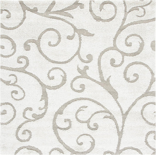 SAFAVIEH Florida Shag Collection Area Rug - 6'7" Square, Ivory & Beige, Scroll Design, Non-Shedding & Easy Care, 1.2-inch Thick Ideal for High Traffic Areas in Living Room, Bedroom (SG455-13LT)