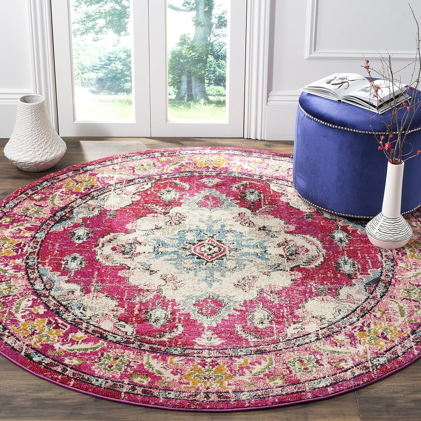 SAFAVIEH Monaco Collection Area Rug - 8'8" Round, Pink & Multi, Boho Chic Medallion Distressed Design, Non-Shedding & Easy Care, Ideal for High Traffic Areas in Living Room, Bedroom (MNC243D)