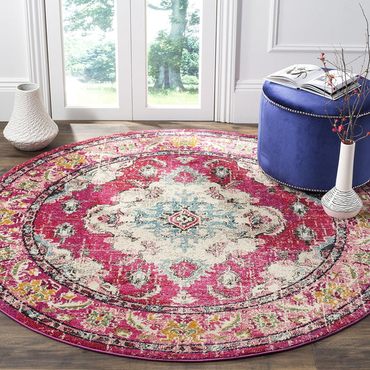SAFAVIEH Monaco Collection Area Rug - 8'8" Round, Pink & Multi, Boho Chic Medallion Distressed Design, Non-Shedding & Easy Care, Ideal for High Traffic Areas in Living Room, Bedroom (MNC243D)