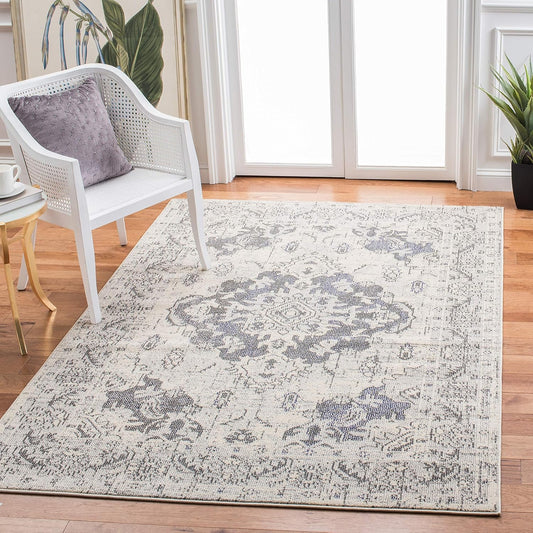 SAFAVIEH Monaco Collection Area Rug - 5'1" x 7'7", Ivory & Grey, Boho Chic Medallion Distressed Design, Non-Shedding & Easy Care, Ideal for High Traffic Areas in Living Room, Bedroom (MNC243B)