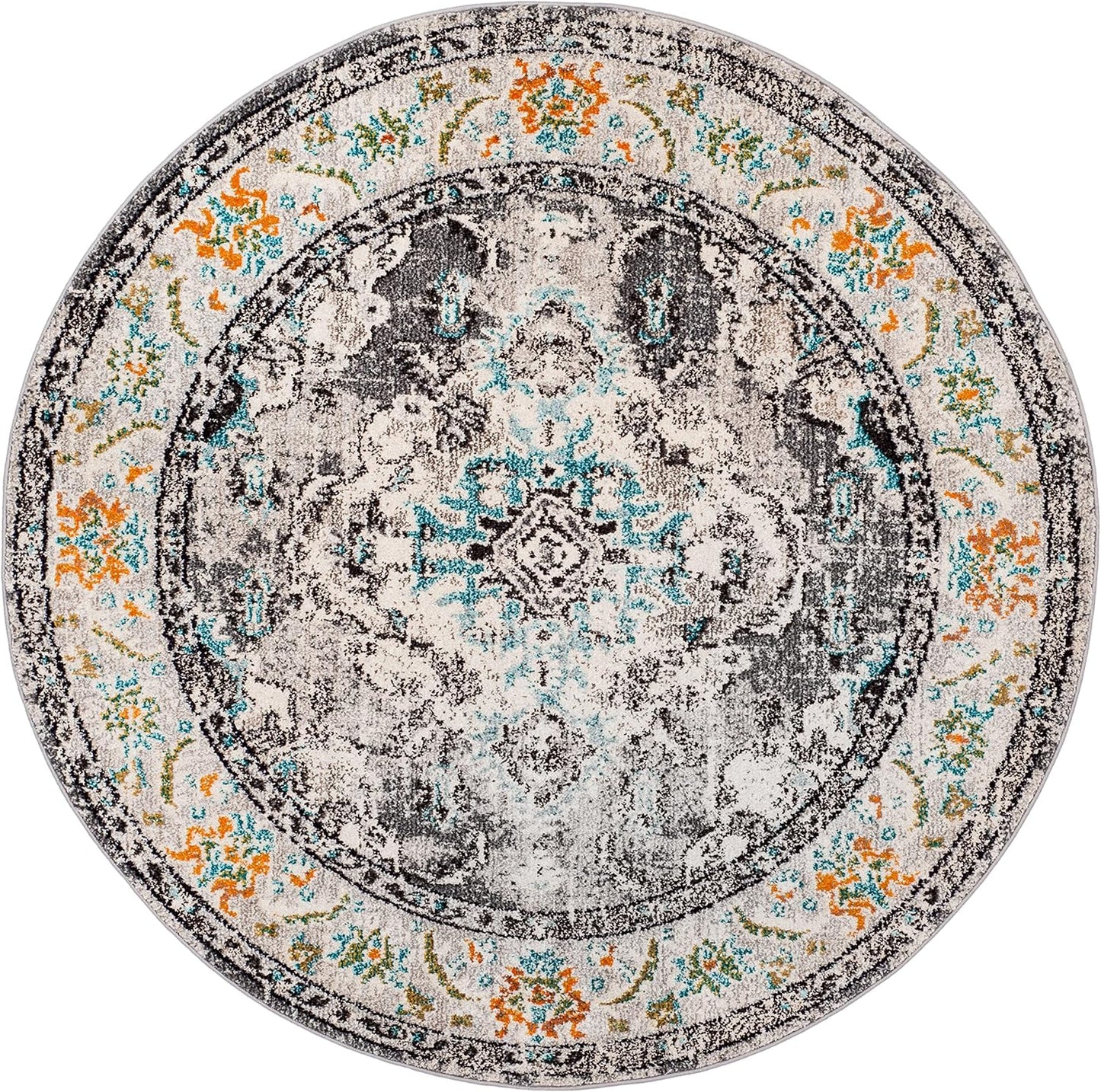 SAFAVIEH Monaco Collection Area Rug - 3' Round, Grey & Light Blue, Boho Chic Medallion Distressed Design, Non-Shedding & Easy Care, Ideal for High Traffic Areas in Living Room, Bedroom (MNC243G)
