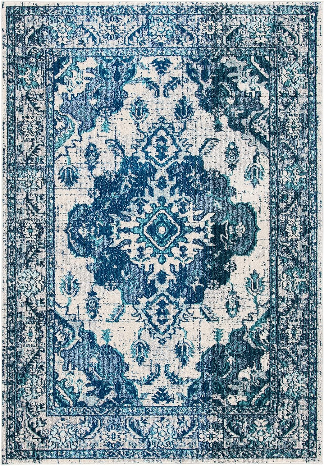 SAFAVIEH Monaco Collection Area Rug - 8' x 10', Ivory & Blue, Boho Chic Medallion Distressed Design, Non-Shedding & Easy Care, Ideal for High Traffic Areas in Living Room, Bedroom (MNC243A)