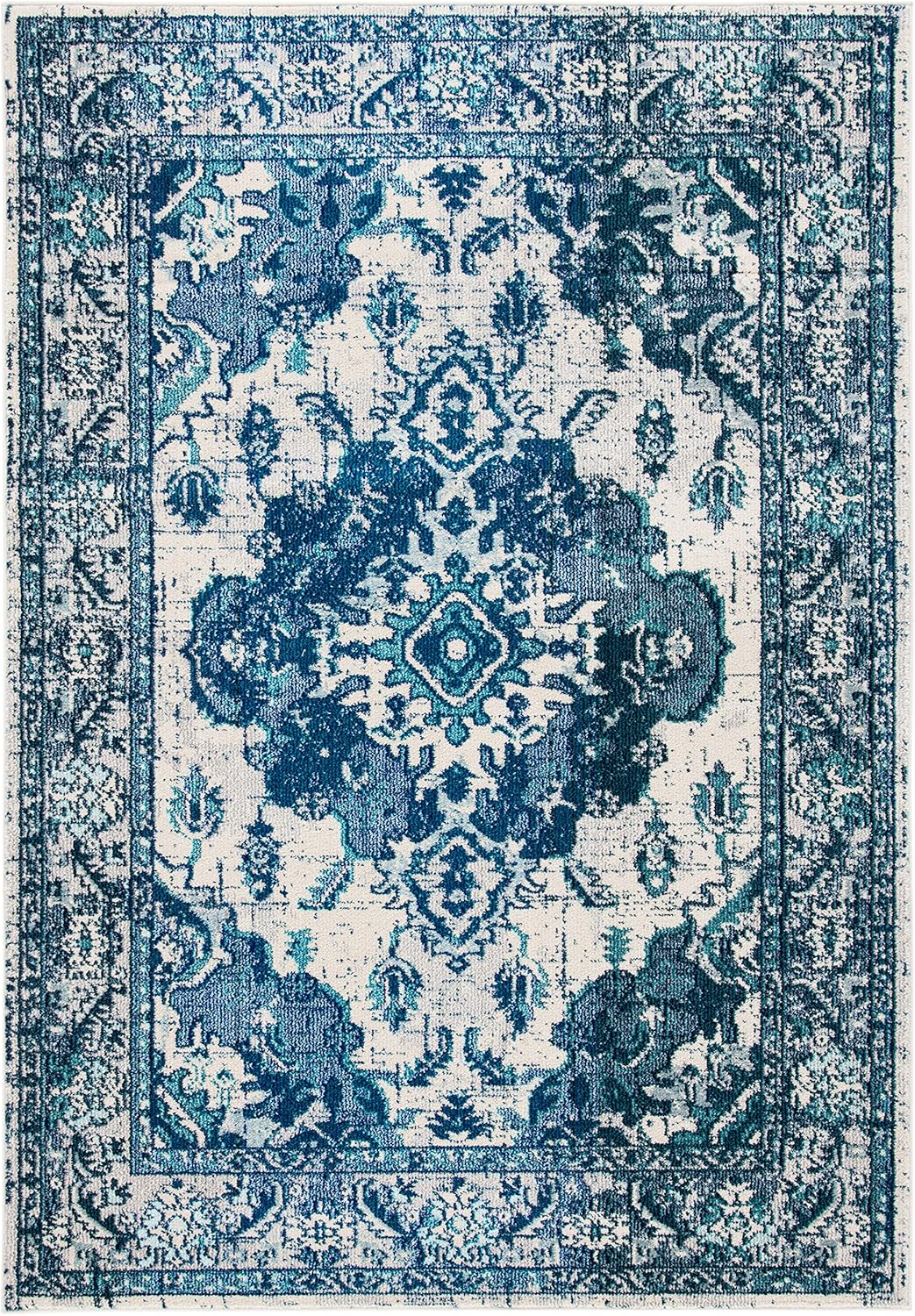 SAFAVIEH Monaco Collection Area Rug - 9' x 12', Ivory & Blue, Boho Chic Medallion Distressed Design, Non-Shedding & Easy Care, Ideal for High Traffic Areas in Living Room, Bedroom (MNC243A)