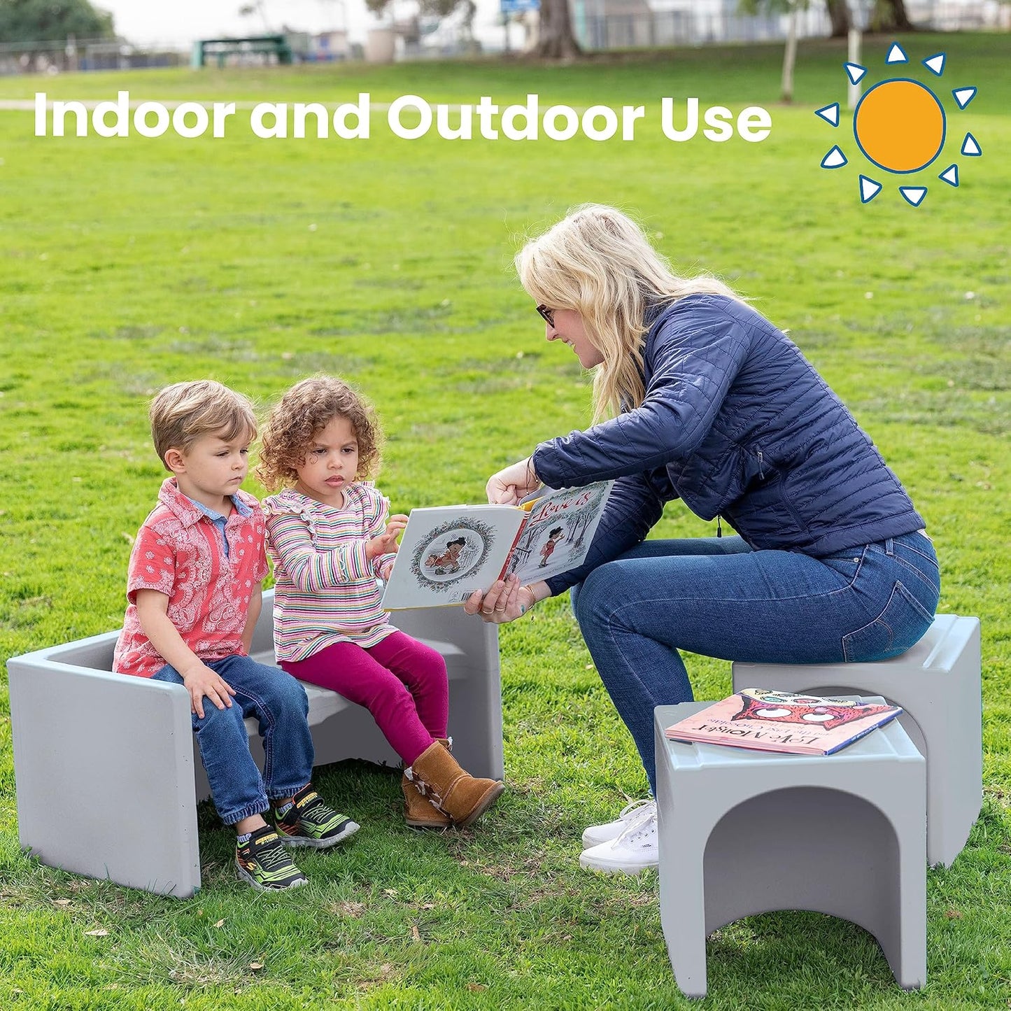 ECR4Kids Tri-Me Table and Cube Chair Set, Multipurpose Furniture, Light Grey, 3-Piece