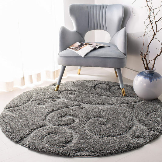 SAFAVIEH Florida Shag Collection Round Rug - 5' Round, Grey, Transitional Design, Ideal for High Traffic Areas in Living Room, Bedroom & Dining Room (SG455-8013-5R)