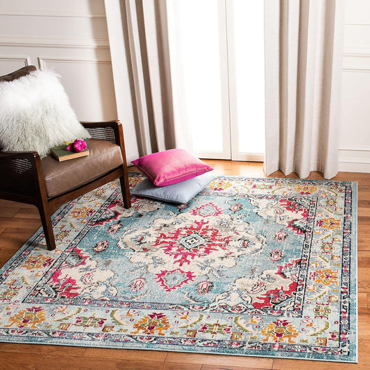 SAFAVIEH Monaco Collection Area Rug - 8'8" Square, Light Blue & Fuchsia, Boho Chic Medallion Distressed Design, Non-Shedding & Easy Care, Ideal for High Traffic Areas in Living Room, Bedroom (MNC243J)