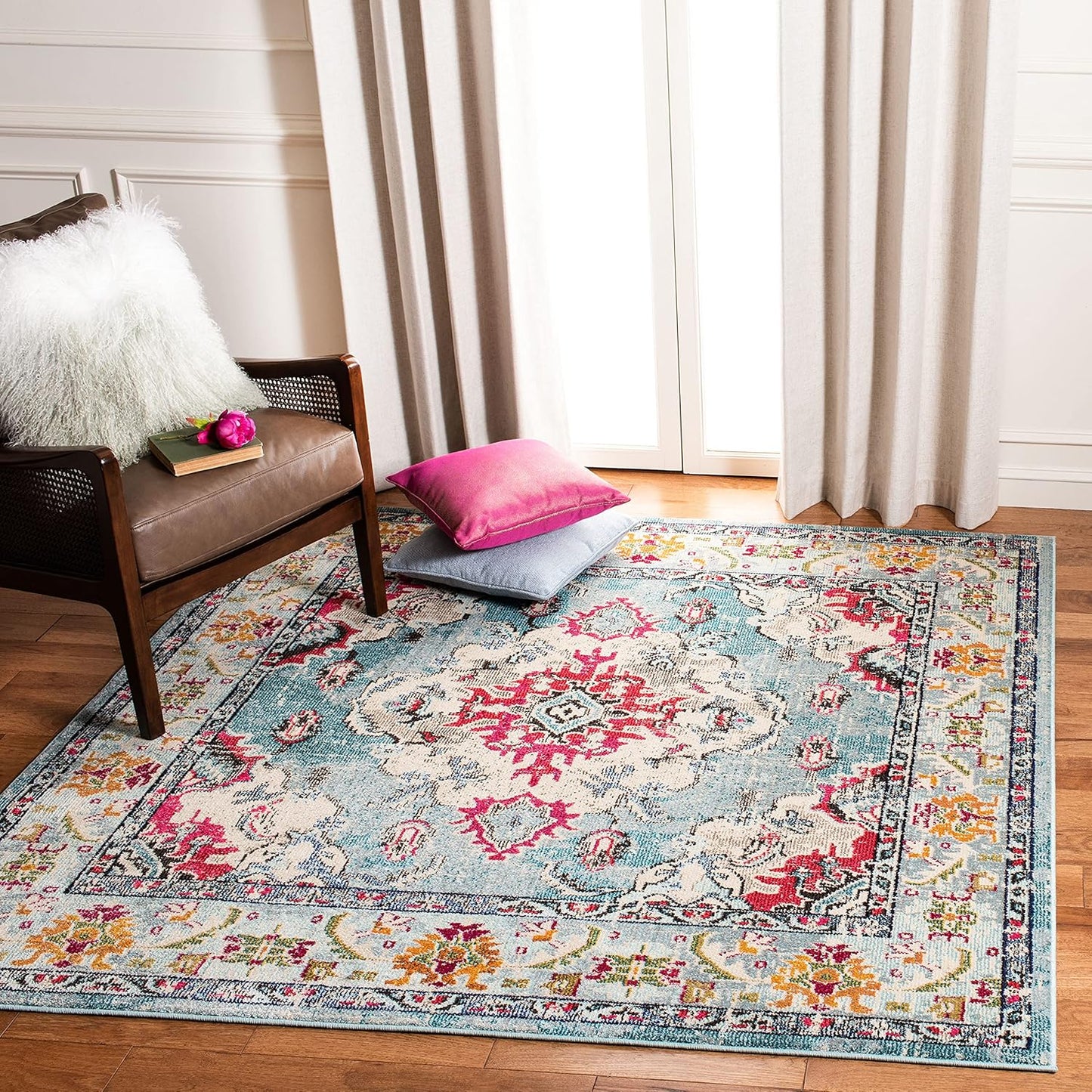 SAFAVIEH Monaco Collection Area Rug - 3' Square, Light Blue & Fuchsia, Boho Chic Medallion Distressed Design, Non-Shedding & Easy Care, Ideal for High Traffic Areas in Living Room, Bedroom (MNC243J)