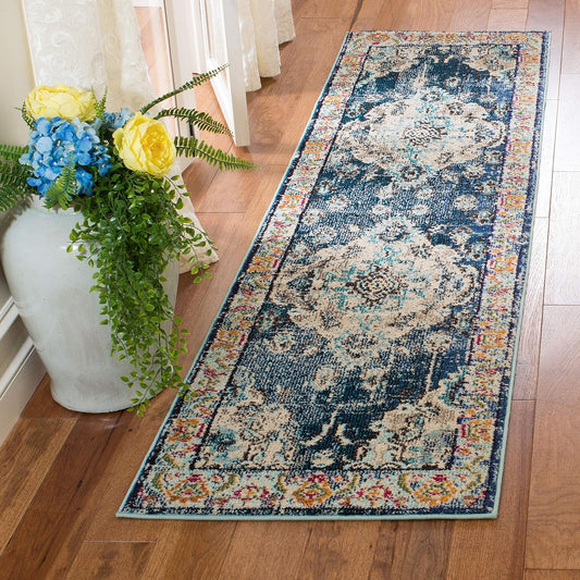 SAFAVIEH Monaco Collection Runner Rug - 2'2" x 18', Navy & Light Blue, Boho Chic Medallion Distressed Design, Non-Shedding & Easy Care, Ideal for High Traffic Areas in Living Room, Bedroom (MNC243N)