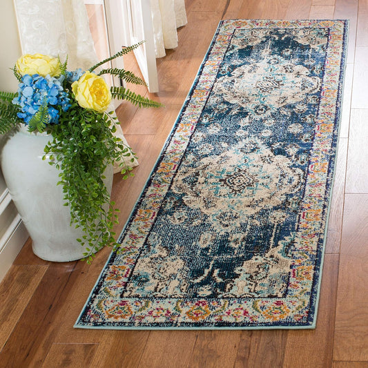 SAFAVIEH Monaco Collection Runner Rug - 2'2" x 14', Navy & Light Blue, Boho Chic Medallion Distressed Design, Non-Shedding & Easy Care, Ideal for High Traffic Areas in Living Room, Bedroom (MNC243N)