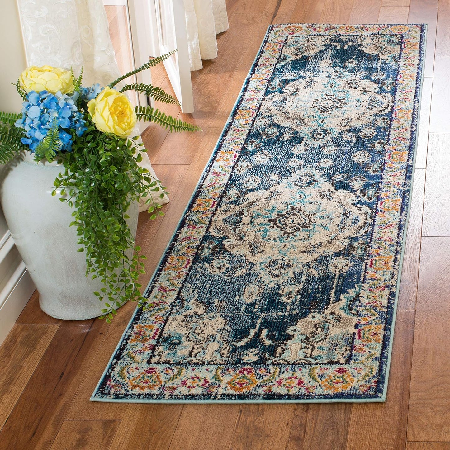 SAFAVIEH Monaco Collection Runner Rug - 2'2" x 12', Navy & Light Blue, Boho Chic Medallion Distressed Design, Non-Shedding & Easy Care, Ideal for High Traffic Areas in Living Room, Bedroom (MNC243N)