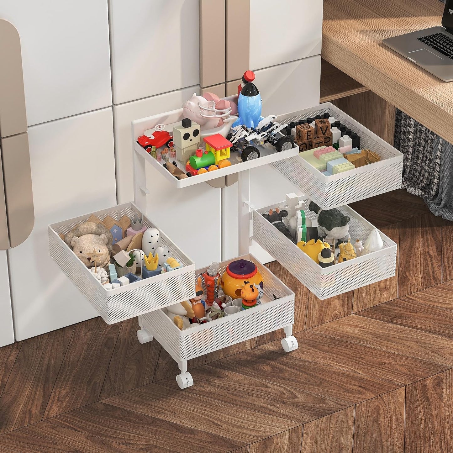 Fruit Basket for Kitchen No Assembly, Rolling Rotating Storage cart,Bathroom Shelf,Storage Drawer Cart for Bathroom,Metal Vegetable Rolling cart(Bright White, 4 Tier-Square)