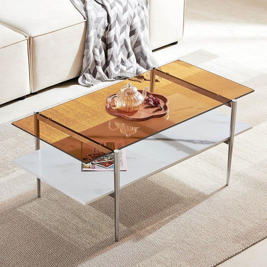 AGV LIGHTING Tadio Glass Coffee Table, Mid-Century Modern Coffee Table for Living Room, Chrome Finish Leg, Coffee Brown Glass Top & Faux Marble Wood Shelf, 41 in