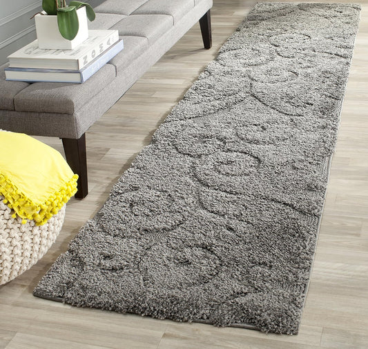 SAFAVIEH Florida Shag Collection Runner Rug - 2'3" x 9', Grey, Scroll Design, Non-Shedding & Easy Care, 1.2-inch Thick Ideal for High Traffic Areas in Living Room, Bedroom (SG455-8013)