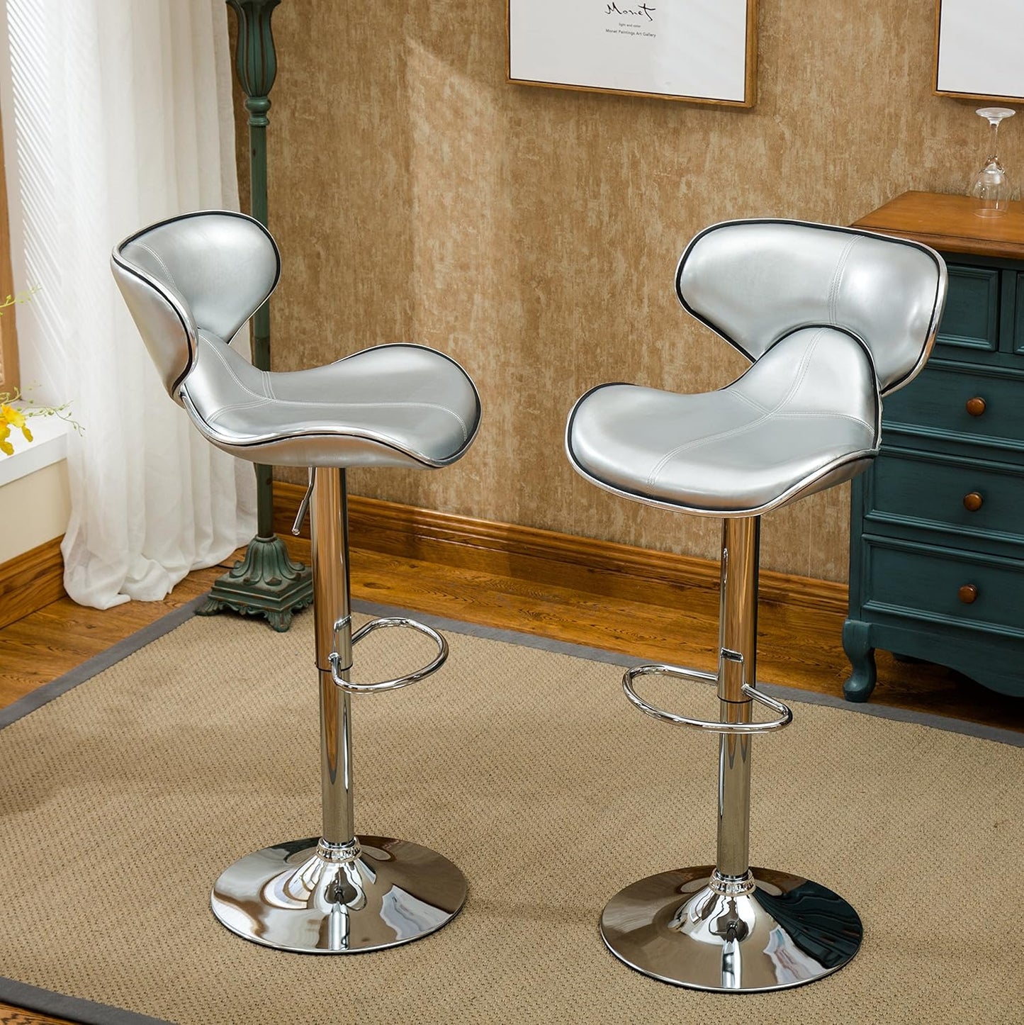 Roundhill Furniture Masaccio Cushioned Leatherette Upholstery Airlift Adjustable Swivel Barstool with Chrome Base, Set of 2, Silver