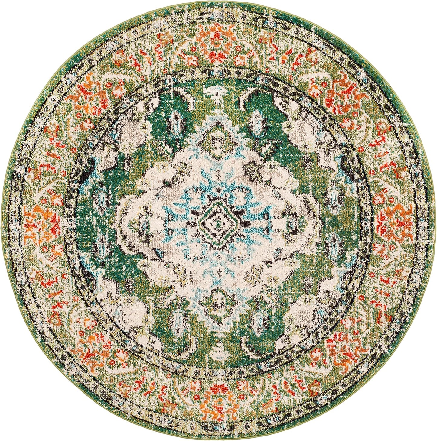 SAFAVIEH Monaco Collection Area Rug - 10' Round, Forest Green & Light Blue, Medallion Distressed Design, Non-Shedding & Easy Care, Ideal for High Traffic Areas in Living Room, Bedroom (MNC243F)