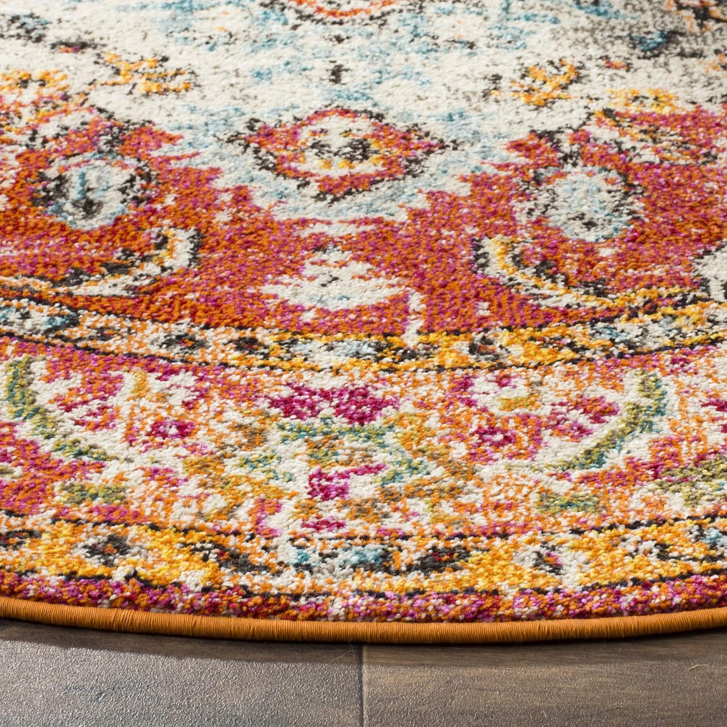 SAFAVIEH Monaco Collection Area Rug - 8'8" Round, Orange & Light Blue, Boho Chic Medallion Distressed Design, Non-Shedding & Easy Care, Ideal for High Traffic Areas in Living Room, Bedroom (MNC243H)