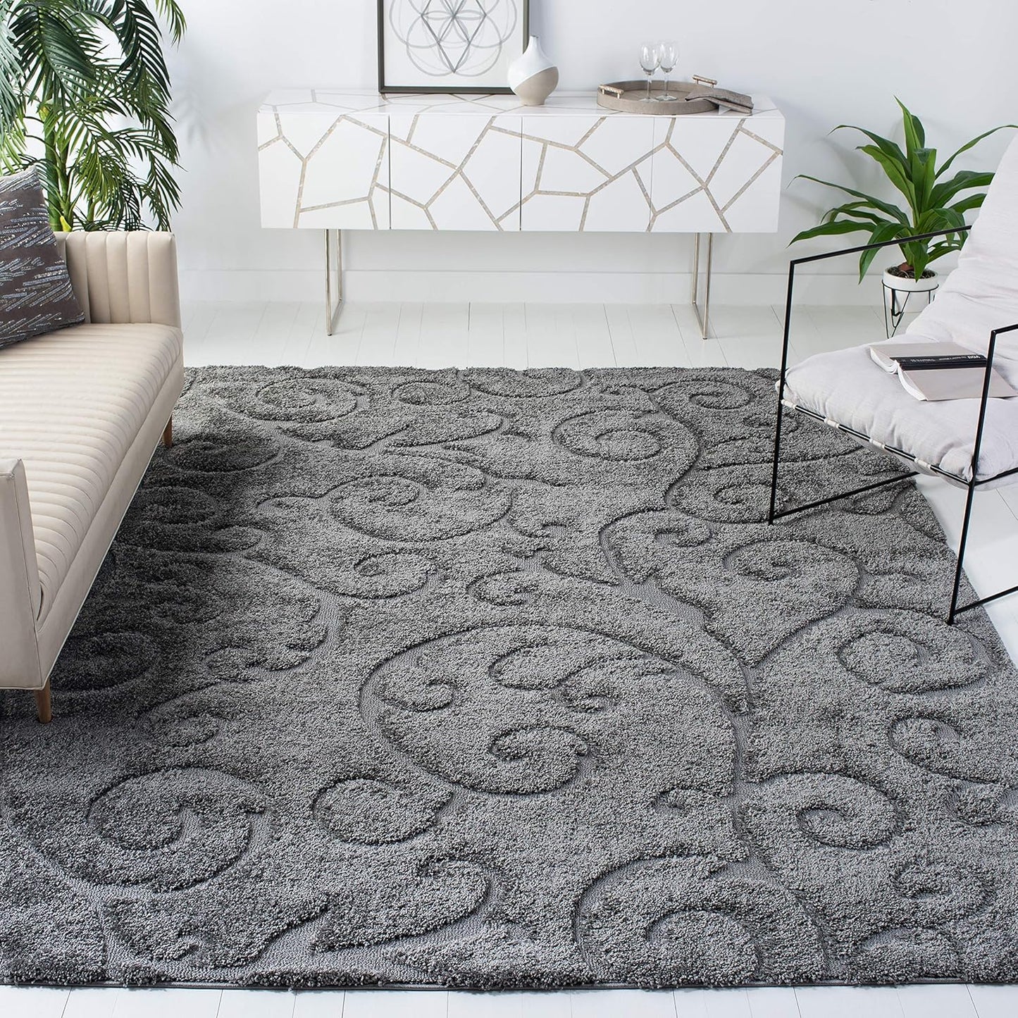 SAFAVIEH Florida Shag Collection Area Rug - 8'6" x 12', Grey, Scroll Design, Non-Shedding & Easy Care, 1.2-inch Thick Ideal for High Traffic Areas in Living Room, Bedroom (SG455-8013)