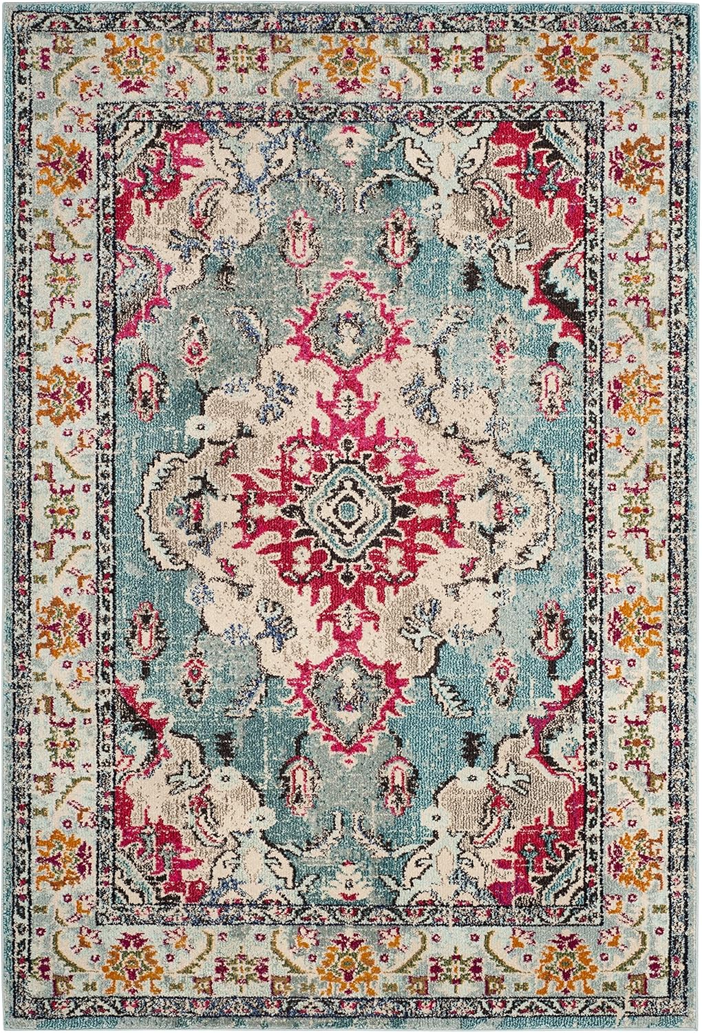 SAFAVIEH Monaco Collection Area Rug - 5'1" x 7'7", Light Blue & Fuchsia, Boho Chic Medallion Distressed Design, Non-Shedding & Easy Care, Ideal for High Traffic Areas in Living Room, Bedroom (MNC243J)