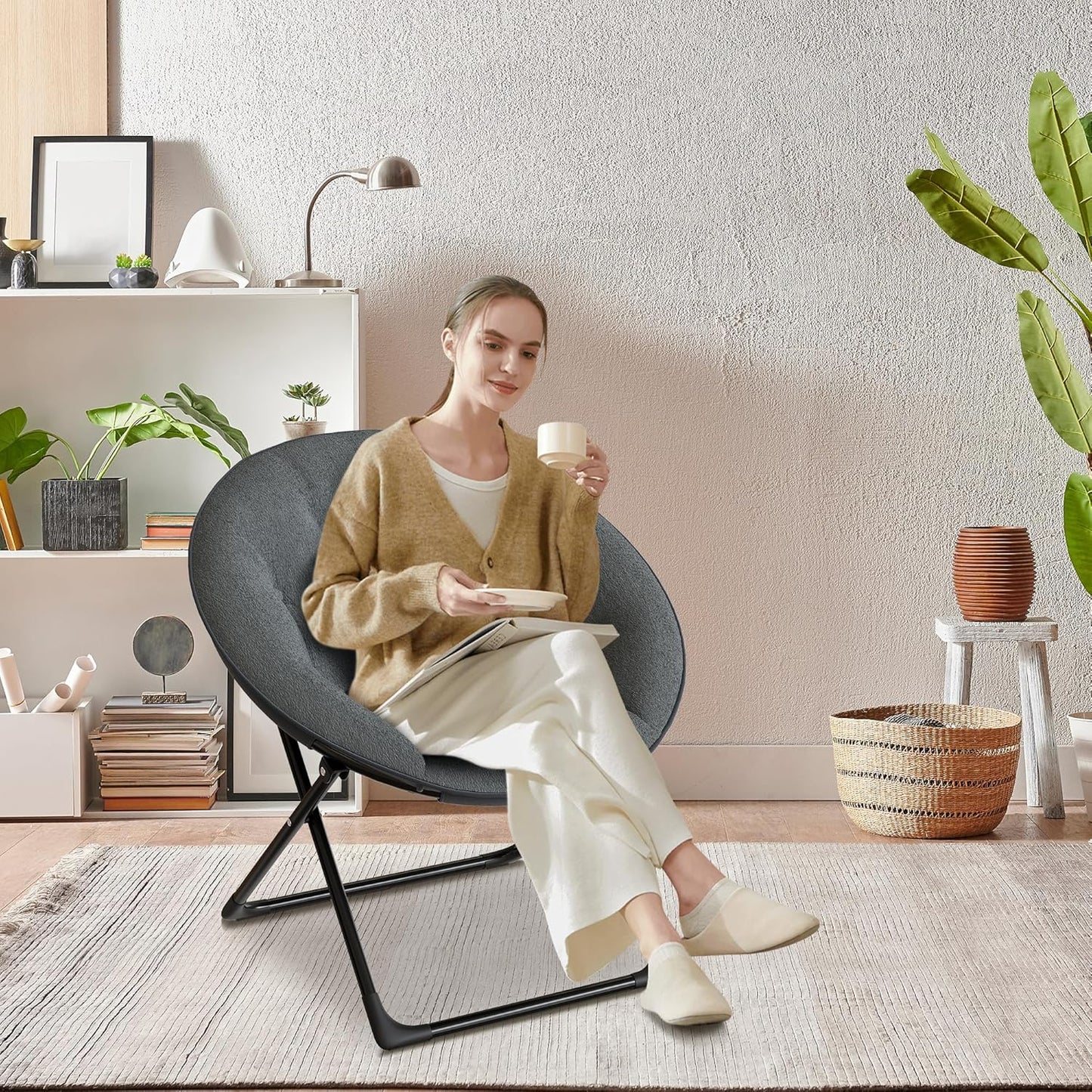 Saucer Chair with Faux Fur Cover - Foldable Moon Chair for Teens & Adults, Large Circle Seat Perfect for Bedroom, Living Room & Playroom, Soft Gaming Chair for Compact Spaces, Gray