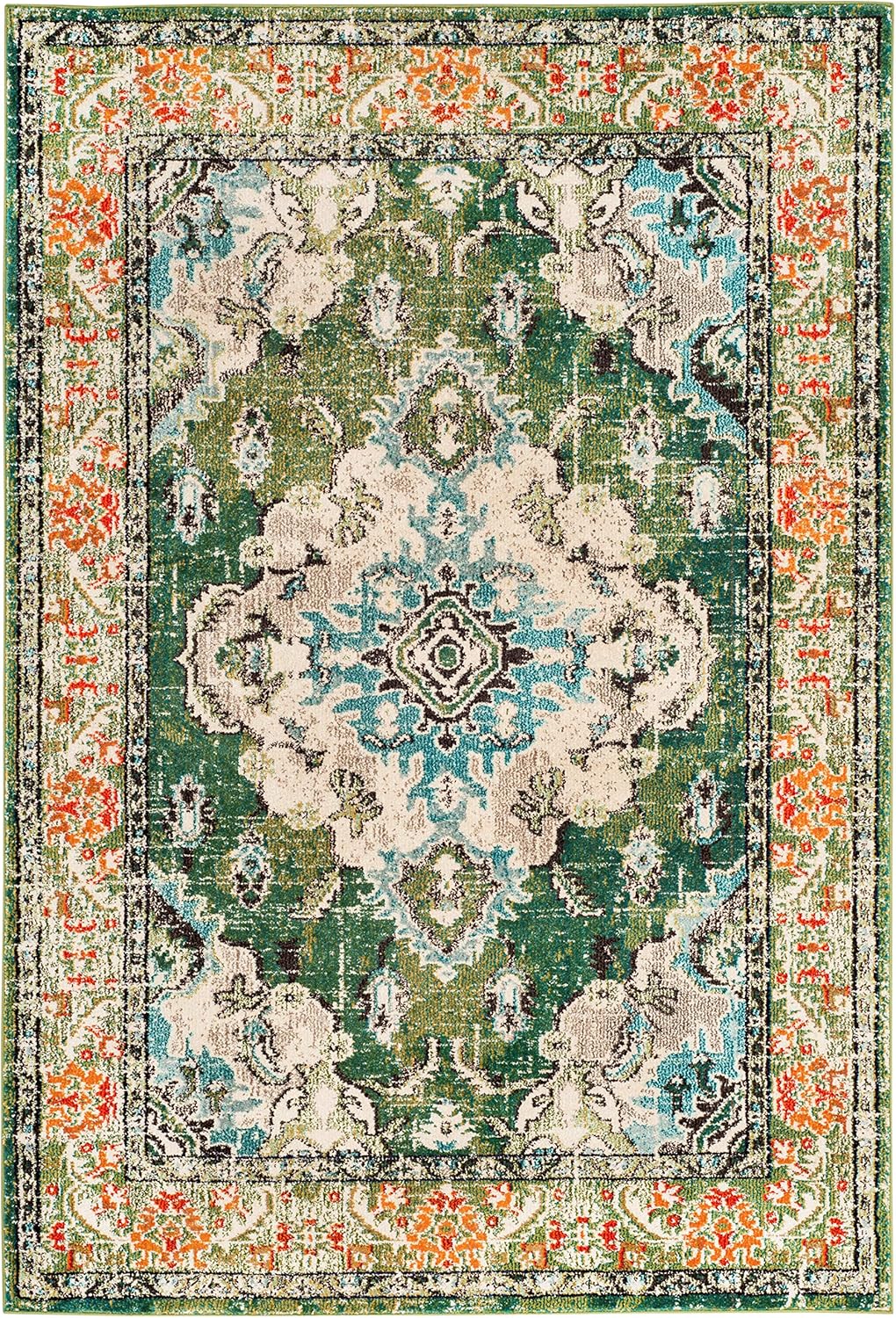 SAFAVIEH Monaco Collection Area Rug - 8' x 10', Forest Green & Light Blue, Boho Medallion Distressed Design, Non-Shedding & Easy Care, Ideal for High Traffic Areas in Living Room, Bedroom (MNC243F)
