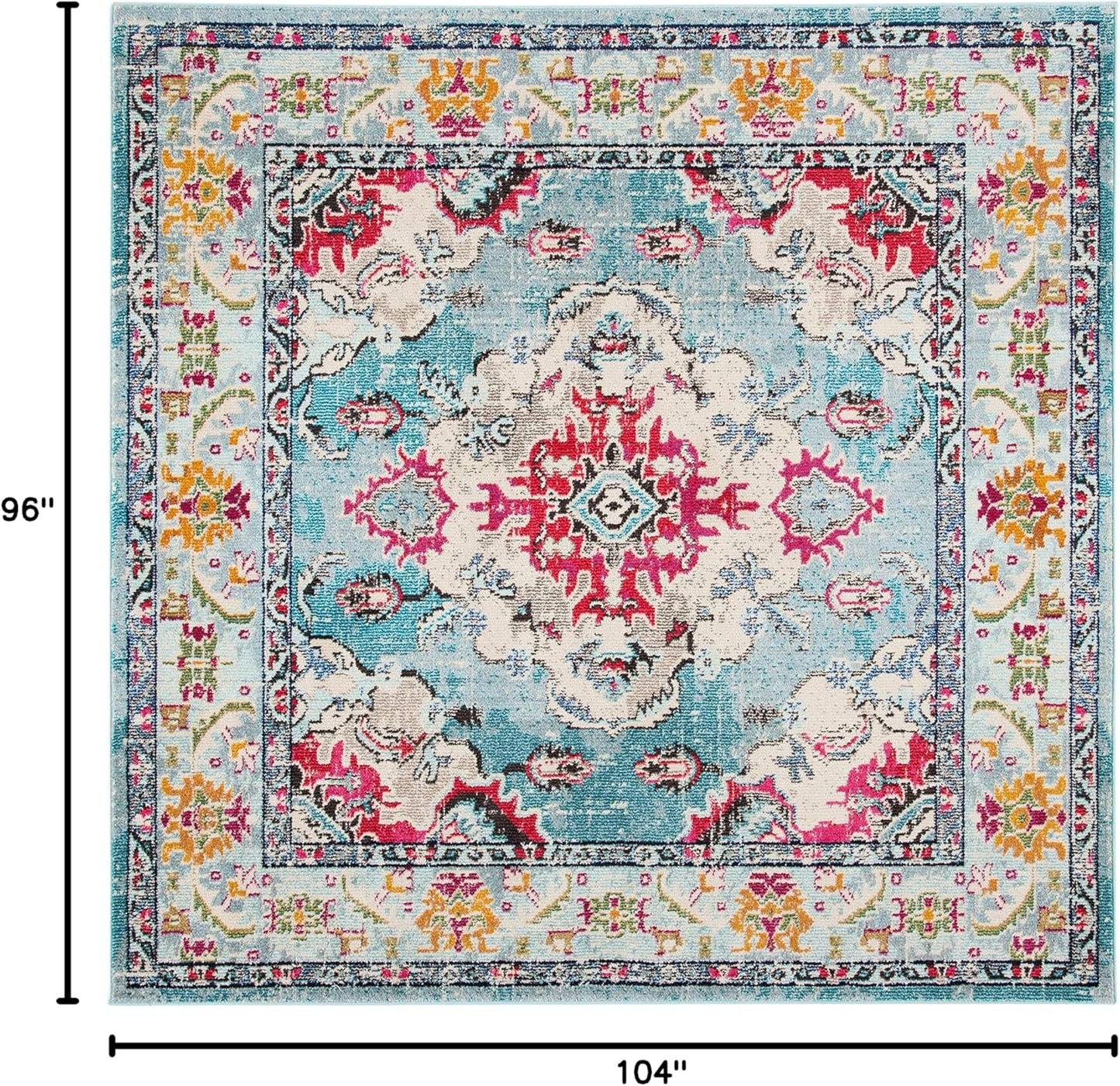 SAFAVIEH Monaco Collection Area Rug - 8'8" Square, Light Blue & Fuchsia, Boho Chic Medallion Distressed Design, Non-Shedding & Easy Care, Ideal for High Traffic Areas in Living Room, Bedroom (MNC243J)