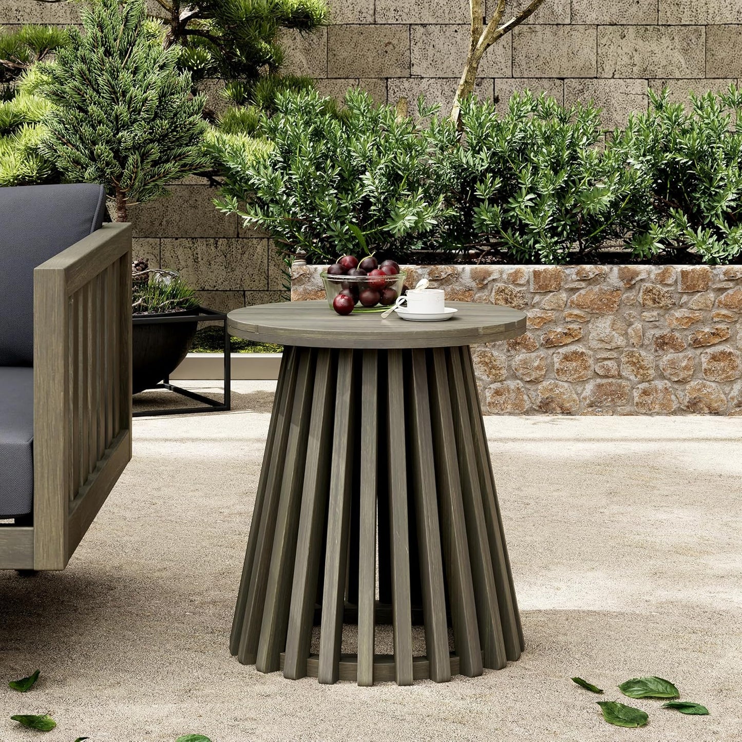 Christopher Knight Home Taki Acacia Wood Patio Coffee Table, Round Table with Unique Wooden Base for Backyard, Stylish Indoor/Outdoor Table, Easy Assembly, Space Saving Outdoor Furniture, Grey