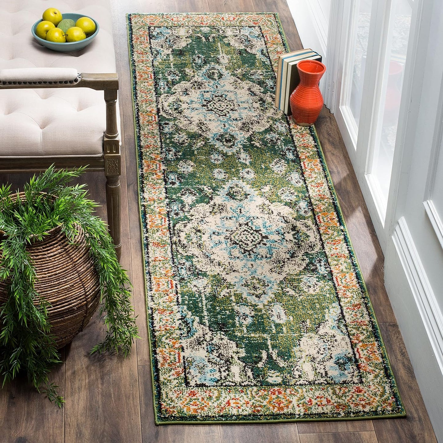 SAFAVIEH Monaco Collection Runner Rug - 2'2" x 12', Forest Green & Light Blue, Medallion Distressed Design, Non-Shedding & Easy Care, Ideal for High Traffic Areas in Living Room, Bedroom (MNC243F)