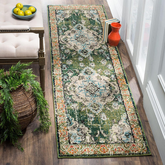 SAFAVIEH Monaco Collection Runner Rug - 2'2" x 12', Forest Green & Light Blue, Medallion Distressed Design, Non-Shedding & Easy Care, Ideal for High Traffic Areas in Living Room, Bedroom (MNC243F)