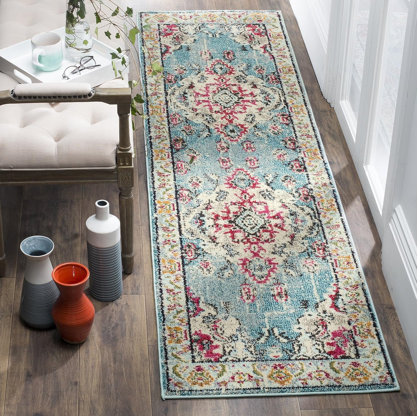 SAFAVIEH Monaco Collection Runner Rug - 2'2" x 10', Light Blue & Fuchsia, Medallion Distressed Design, Non-Shedding & Easy Care, Ideal for High Traffic Areas in Living Room, Bedroom (MNC243J)