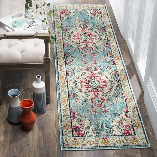SAFAVIEH Monaco Collection Runner Rug - 2'2" x 14', Light Blue & Fuchsia, Medallion Distressed Design, Non-Shedding & Easy Care, Ideal for High Traffic Areas in Living Room, Bedroom (MNC243J)