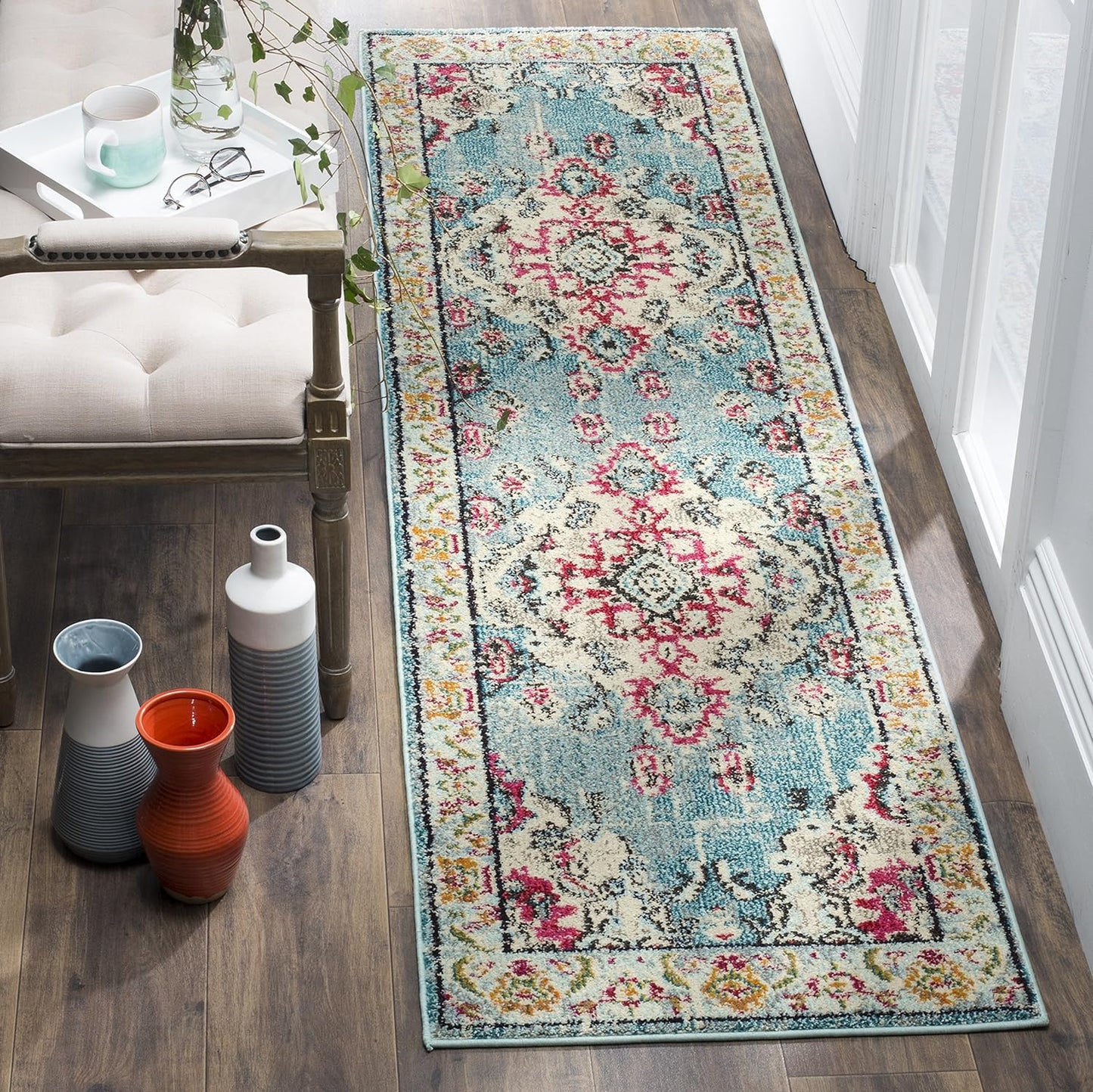 SAFAVIEH Monaco Collection Runner Rug - 2'2" x 20', Light Blue & Fuchsia, Medallion Distressed Design, Non-Shedding & Easy Care, Ideal for High Traffic Areas in Living Room, Bedroom (MNC243J)