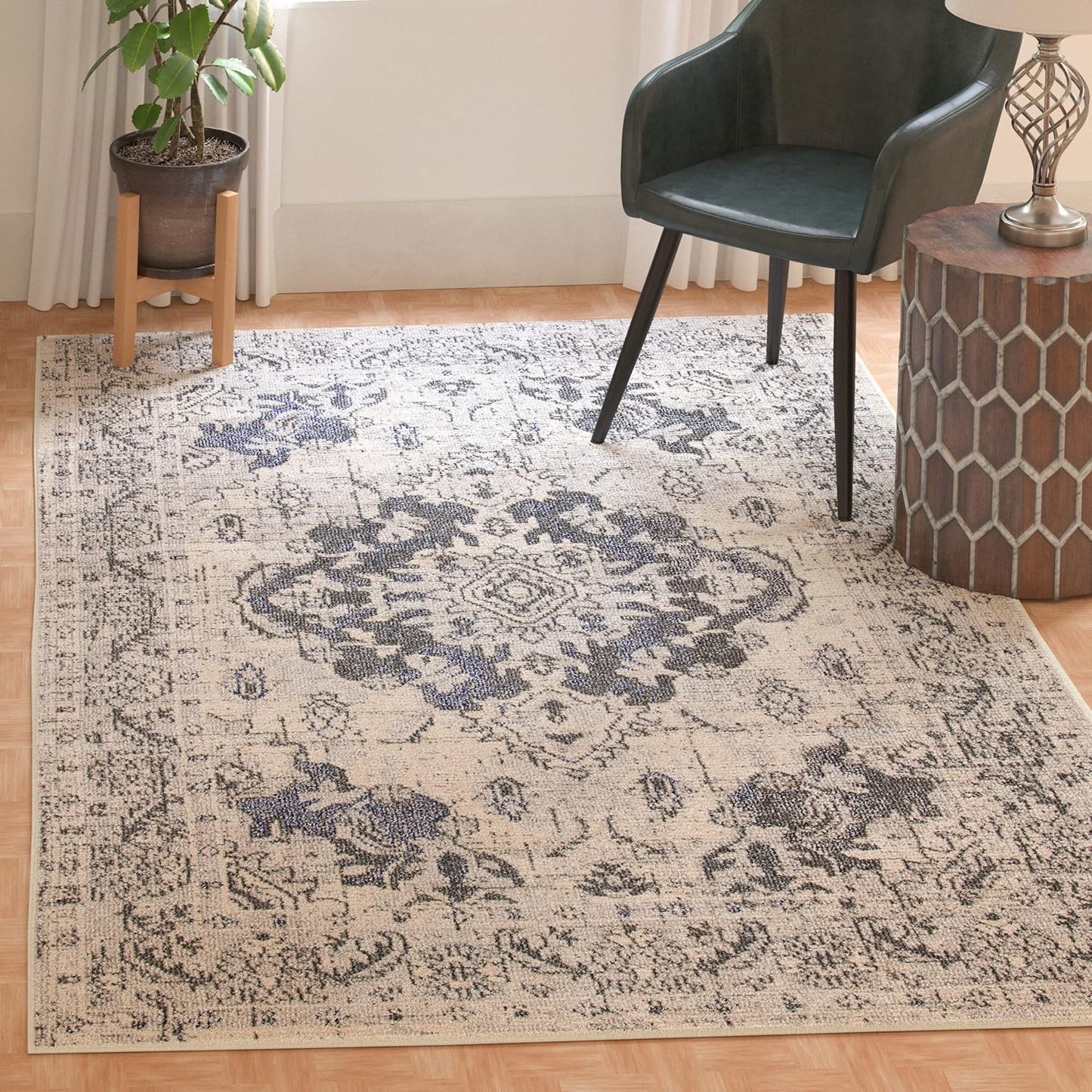 SAFAVIEH Monaco Collection Area Rug - 8' x 10', Ivory & Grey, Boho Chic Medallion Distressed Design, Non-Shedding & Easy Care, Ideal for High Traffic Areas in Living Room, Bedroom (MNC243B)