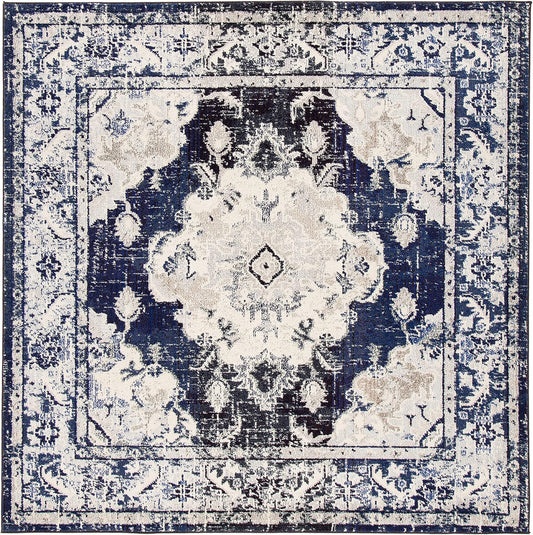 SAFAVIEH Monaco Collection Area Rug - 6'7" Square, Ivory & Navy, Boho Chic Medallion Distressed Design, Non-Shedding & Easy Care, Ideal for High Traffic Areas in Living Room, Bedroom (MNC243C)