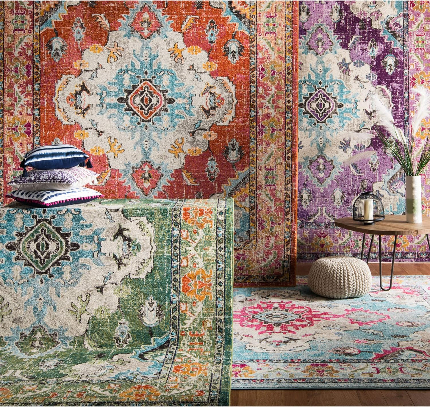 SAFAVIEH Monaco Collection X-Large Area Rug - 12' x 18', Orange & Light Blue, Medallion Distressed Design, Non-Shedding & Easy Care, Ideal for High Traffic Areas in Living Room, Bedroom (MNC243H)