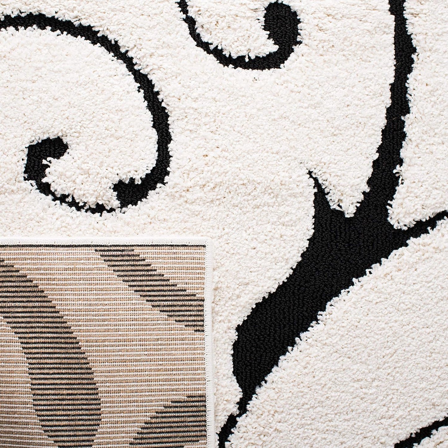 SAFAVIEH Florida Shag Collection Area Rug - 5' Square, Ivory & Black, Scroll Design, Non-Shedding & Easy Care, 1.2-inch Thick Ideal for High Traffic Areas in Living Room, Bedroom (SG455-1290)