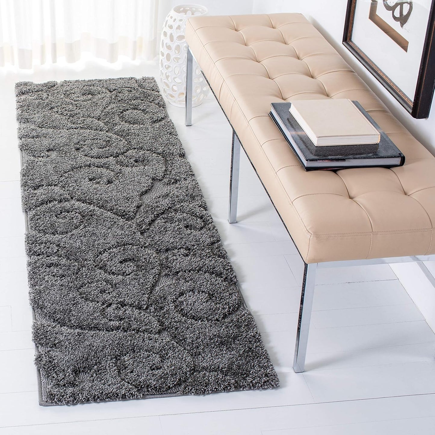 SAFAVIEH Florida Shag Collection Runner Rug - 2'3" x 11', Grey, Scroll Design, Non-Shedding & Easy Care, 1.2-inch Thick Ideal for High Traffic Areas in Living Room, Bedroom (SG455-8013)