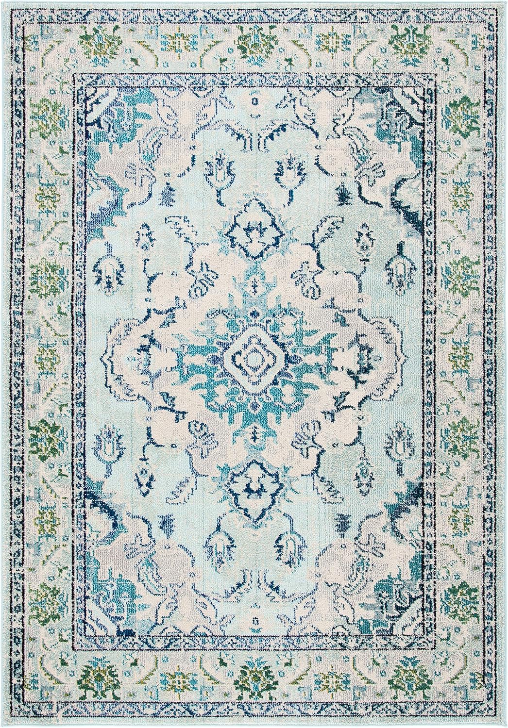 SAFAVIEH Monaco Collection Area Rug - 9' x 12', Light Blue & Ivory, Boho Chic Medallion Distressed Design, Non-Shedding & Easy Care, Ideal for High Traffic Areas in Living Room, Bedroom (MNC243K)
