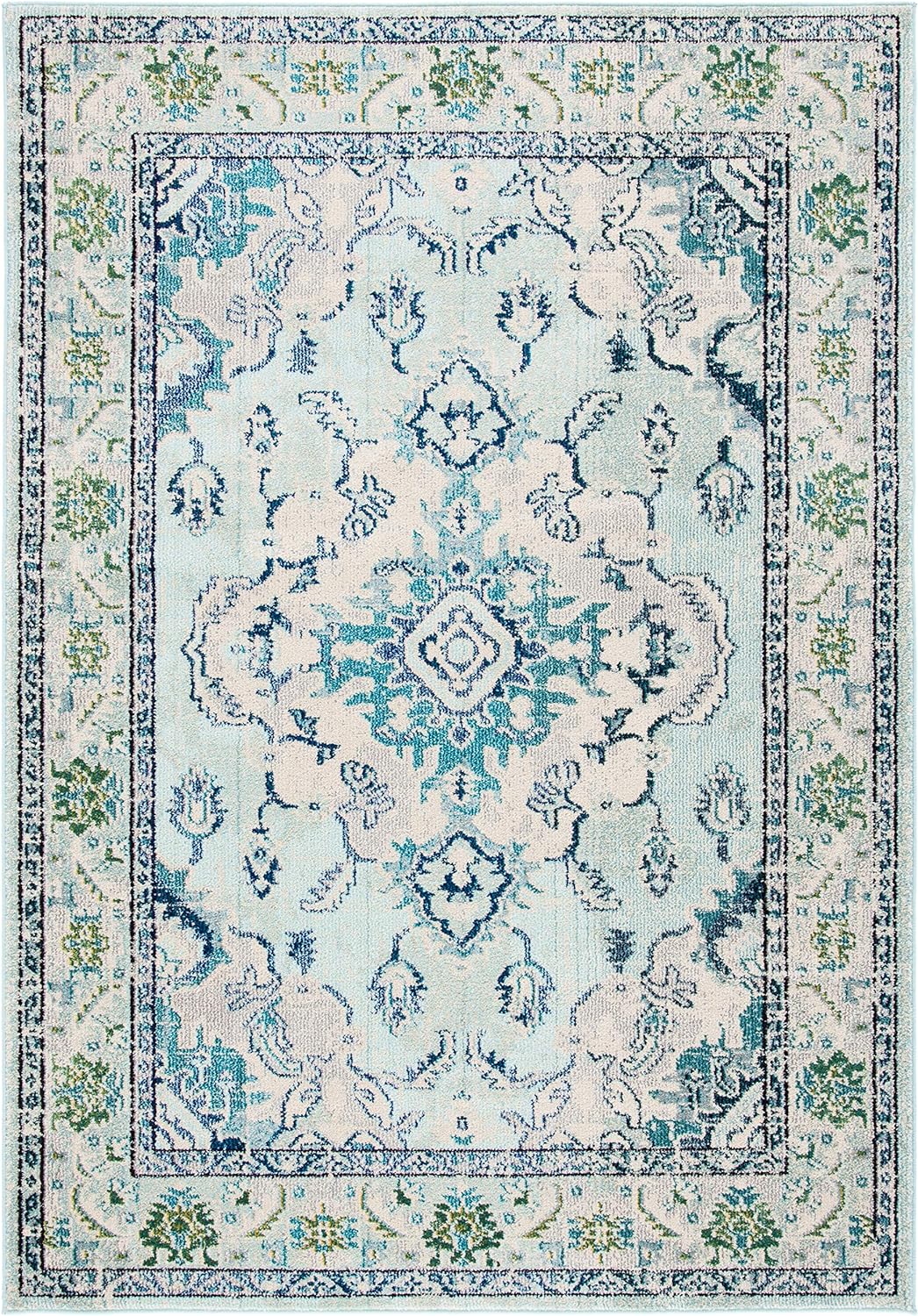 SAFAVIEH Monaco Collection Accent Rug - 4' x 5'7", Light Blue & Ivory, Medallion Distressed Design, Non-Shedding & Easy Care, Ideal for High Traffic Areas in Entryway, Living Room, Bedroom (MNC243K)