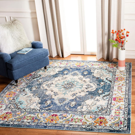 SAFAVIEH Monaco Collection Area Rug - 4' Square, Navy & Light Blue, Boho Chic Medallion Distressed Design, Non-Shedding & Easy Care, Ideal for High Traffic Areas in Living Room, Bedroom (MNC243N)