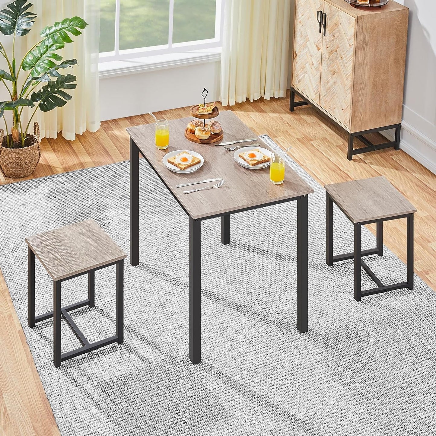 Yaheetech 3 Piece Dining Table Set - Kitchen Table & Chair Sets for 2 - Compact Table w/ 2 Stools & Space Saving Design for Dining Room Living Room Kitchen, Gray