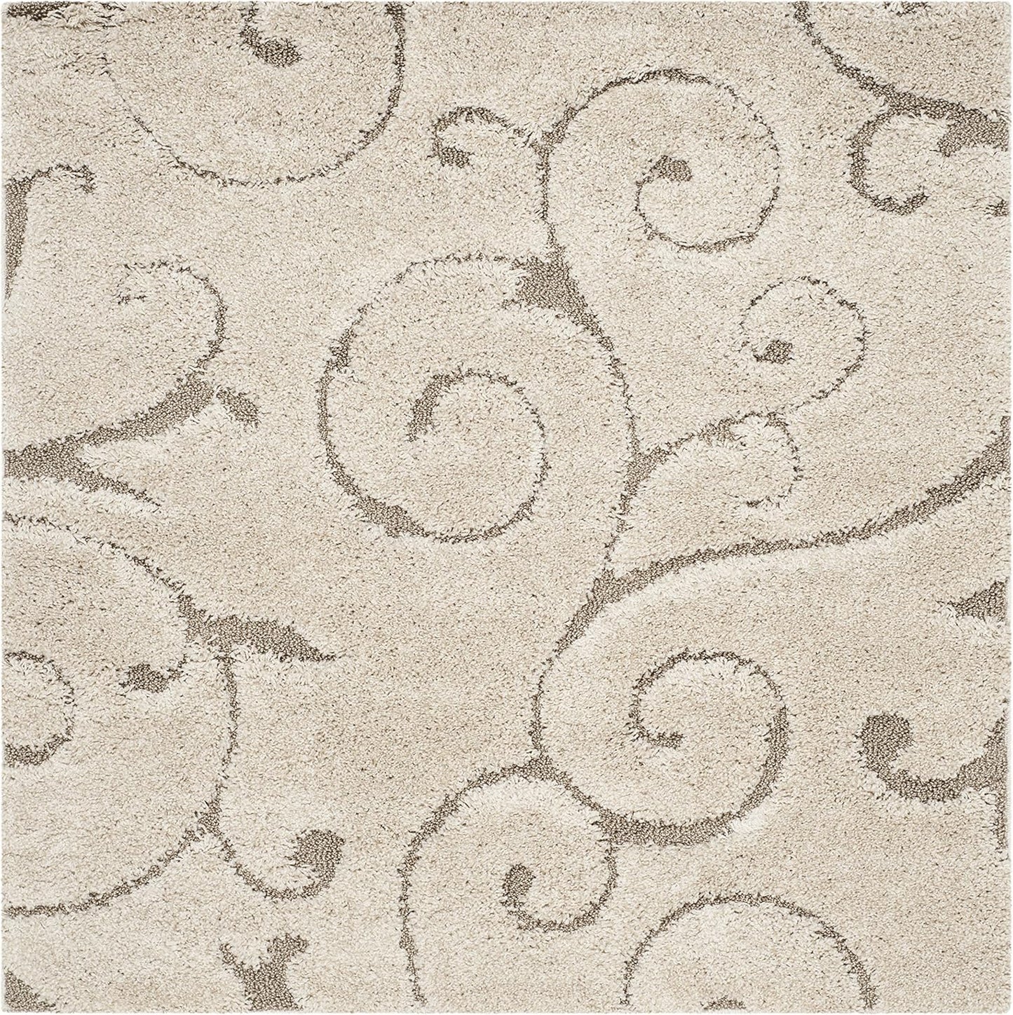 SAFAVIEH Florida Shag Collection Area Rug - 5' Square, Cream & Beige, Scroll Design, Non-Shedding & Easy Care, 1.2-inch Thick Ideal for High Traffic Areas in Living Room, Bedroom (SG455-1113)