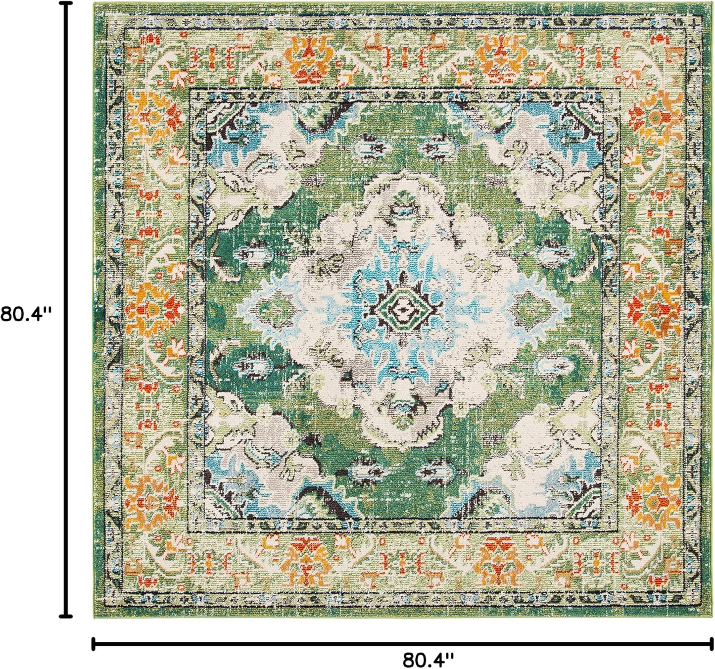 SAFAVIEH Monaco Collection Area Rug - 6'7" Square, Forest Green & Light Blue, Medallion Distressed Design, Non-Shedding & Easy Care, Ideal for High Traffic Areas in Living Room, Bedroom (MNC243F)