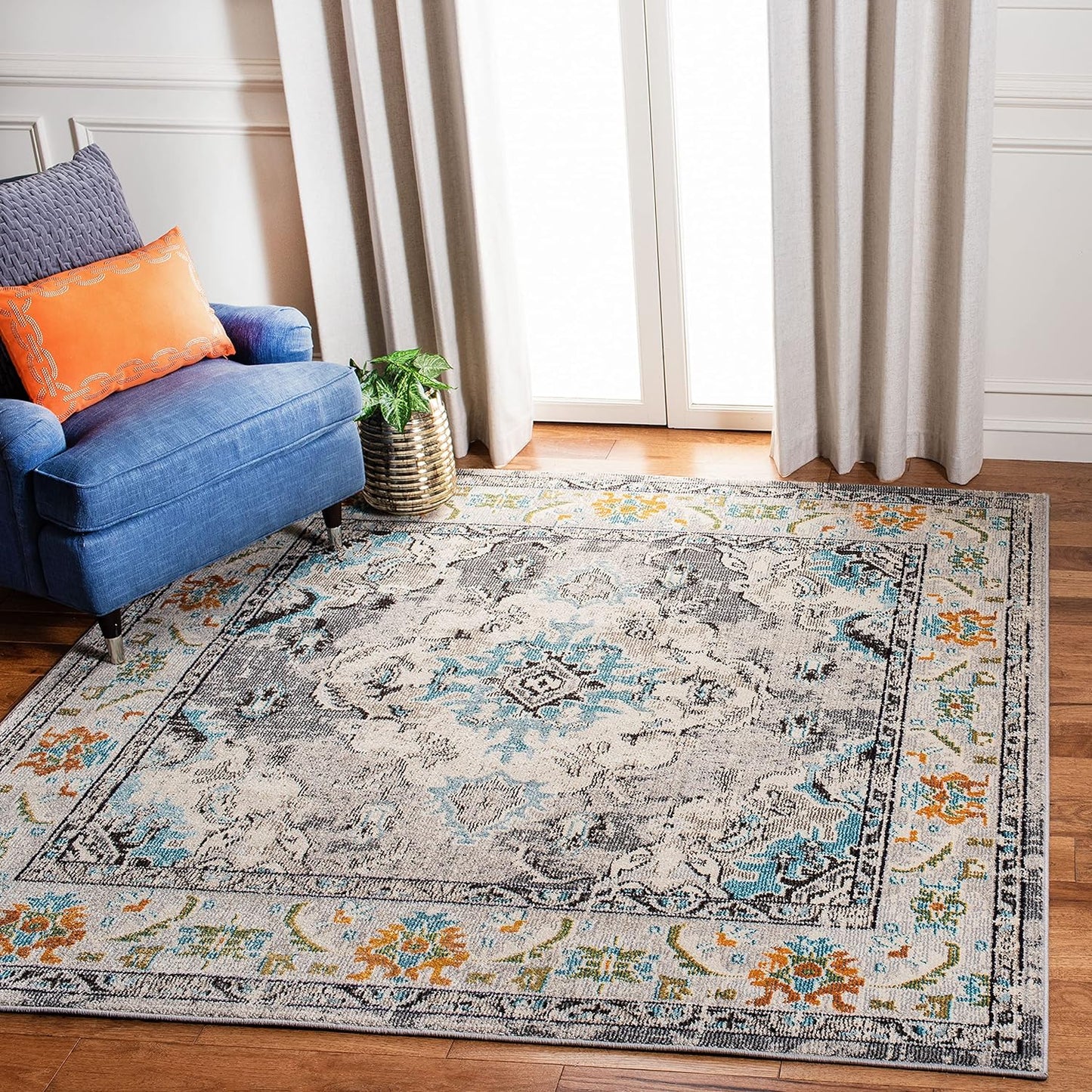 SAFAVIEH Monaco Collection Area Rug - 8'8" Square, Grey & Light Blue, Boho Chic Medallion Distressed Design, Non-Shedding & Easy Care, Ideal for High Traffic Areas in Living Room, Bedroom (MNC243G)